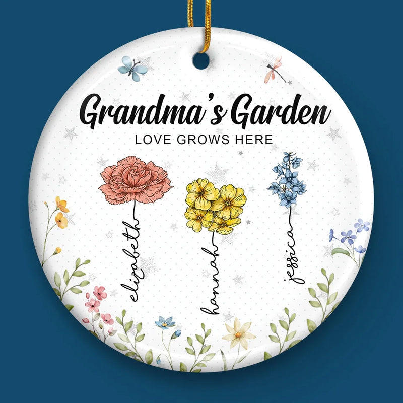 Just As Flowers Bring Color To The Garden, Grandma Bring Joy To Our Hearts - Family Personalized Custom Ornament - Ceramic Round Shaped - Christmas Gift For Grandma