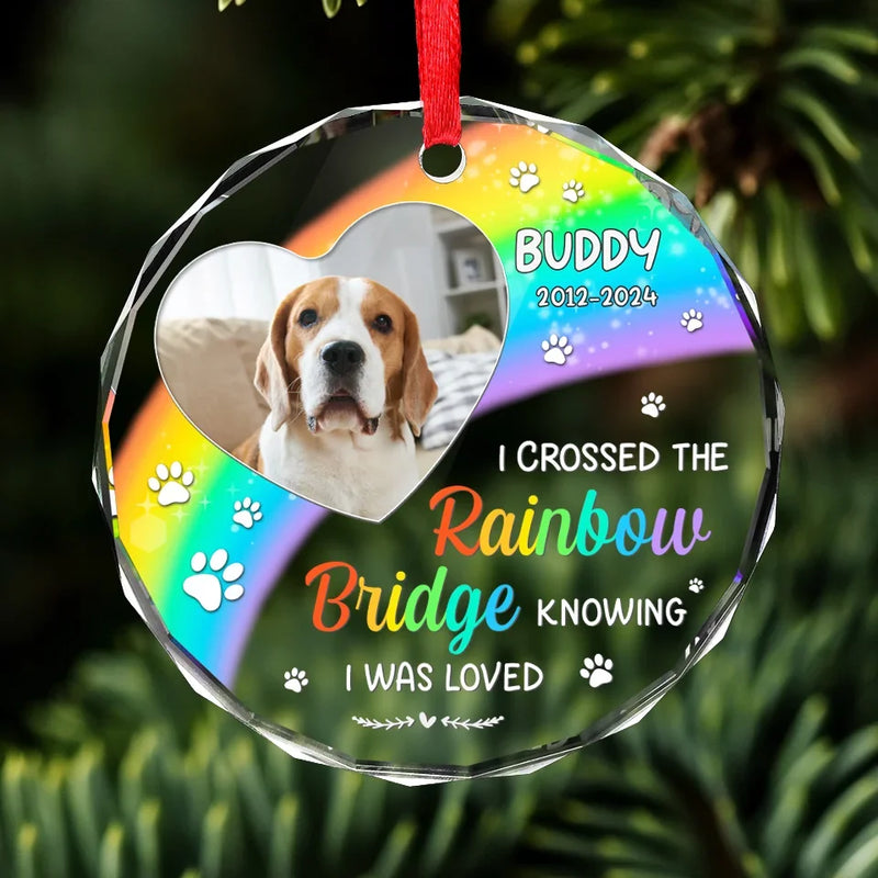 Custom Photo A Piece Of My Heart Is At The Rainbow Bridge - Memorial Personalized Custom Circle Glass Ornament - Sympathy Gift, Christmas Gift For Pet Owners, Pet Lovers