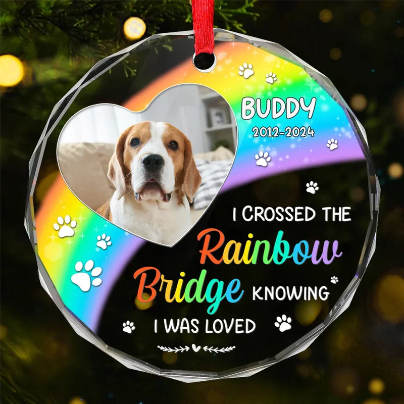 Custom Photo A Piece Of My Heart Is At The Rainbow Bridge - Memorial Personalized Custom Circle Glass Ornament - Sympathy Gift, Christmas Gift For Pet Owners, Pet Lovers