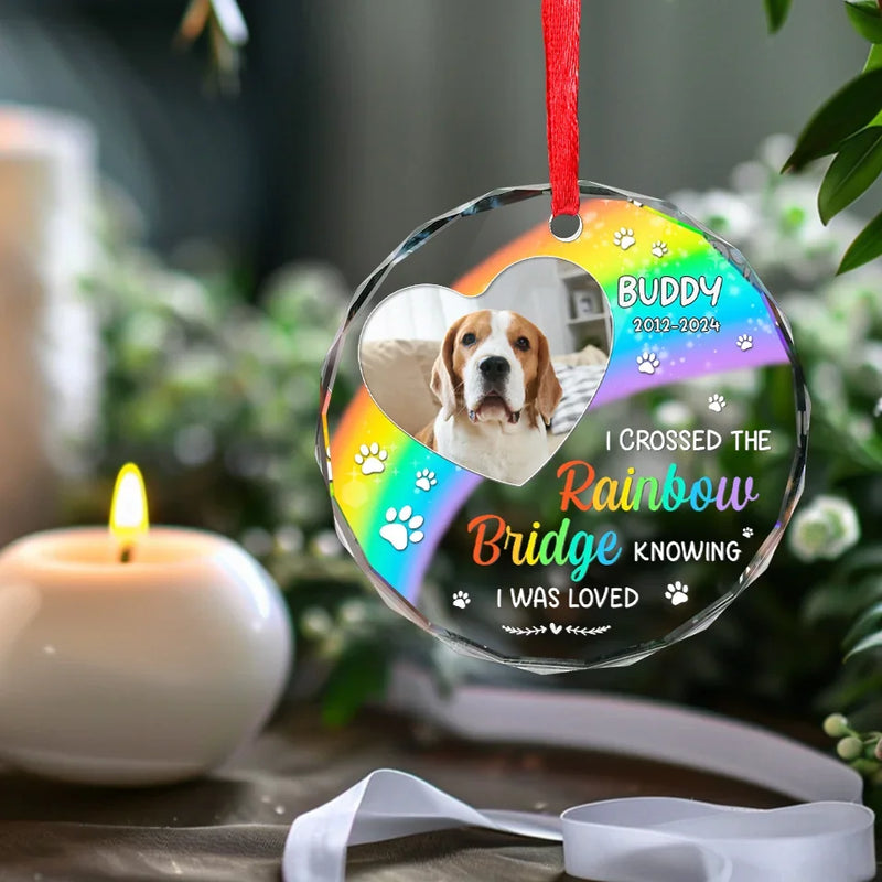 Custom Photo A Piece Of My Heart Is At The Rainbow Bridge - Memorial Personalized Custom Circle Glass Ornament - Sympathy Gift, Christmas Gift For Pet Owners, Pet Lovers