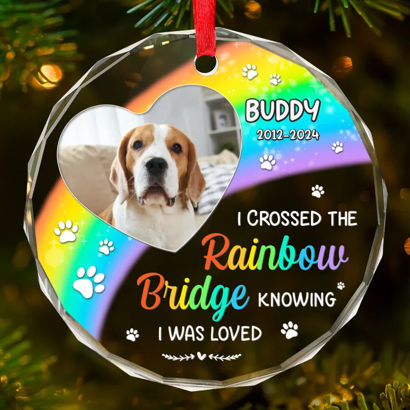 Custom Photo A Piece Of My Heart Is At The Rainbow Bridge - Memorial Personalized Custom Circle Glass Ornament - Sympathy Gift, Christmas Gift For Pet Owners, Pet Lovers