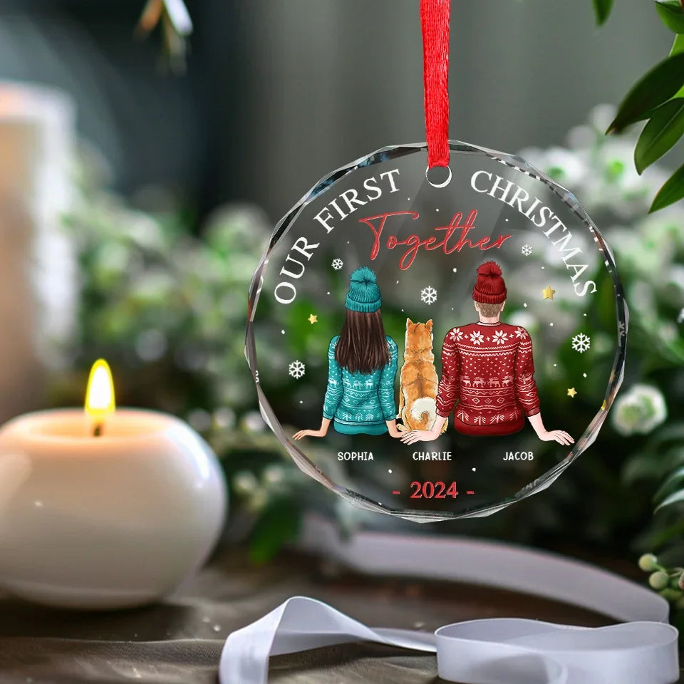Our First Christmas Together - Dog \u0026 Cat Personalized Custom Circle Gl -  PawfectHouse™, image size:960x960