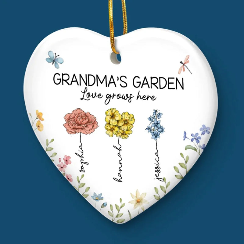 Grandma's Favorite Garden - Family Personalized Custom Ornament - Ceramic Heart Shaped - Christmas Gift For Grandma, Grandkid