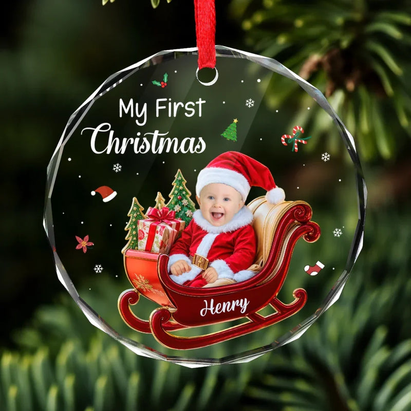 Custom Photo My Adorable Little Santa Who Brings Joy To My Heart - Family Personalized Custom Circle Glass Ornament - Christmas Gift For Baby Kids, Newborn Baby, First Christmas