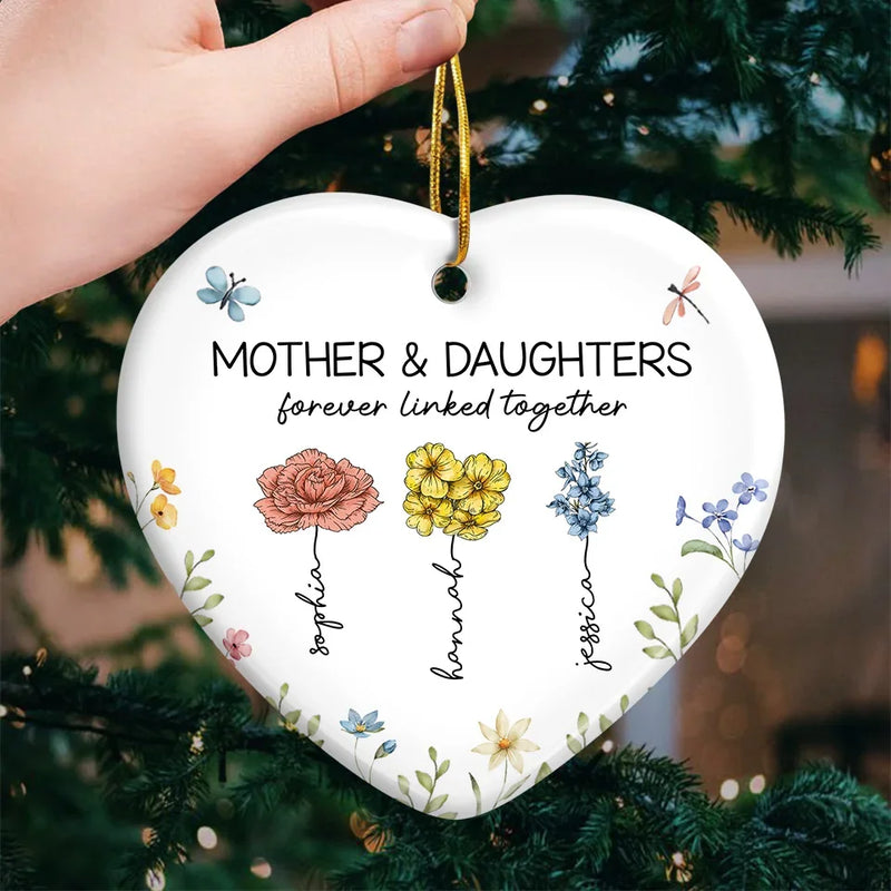 Mother & Daughters Forever Linked Together - Family Personalized Custom Ornament - Ceramic Heart Shaped - Christmas Gift For Mom, Daughter