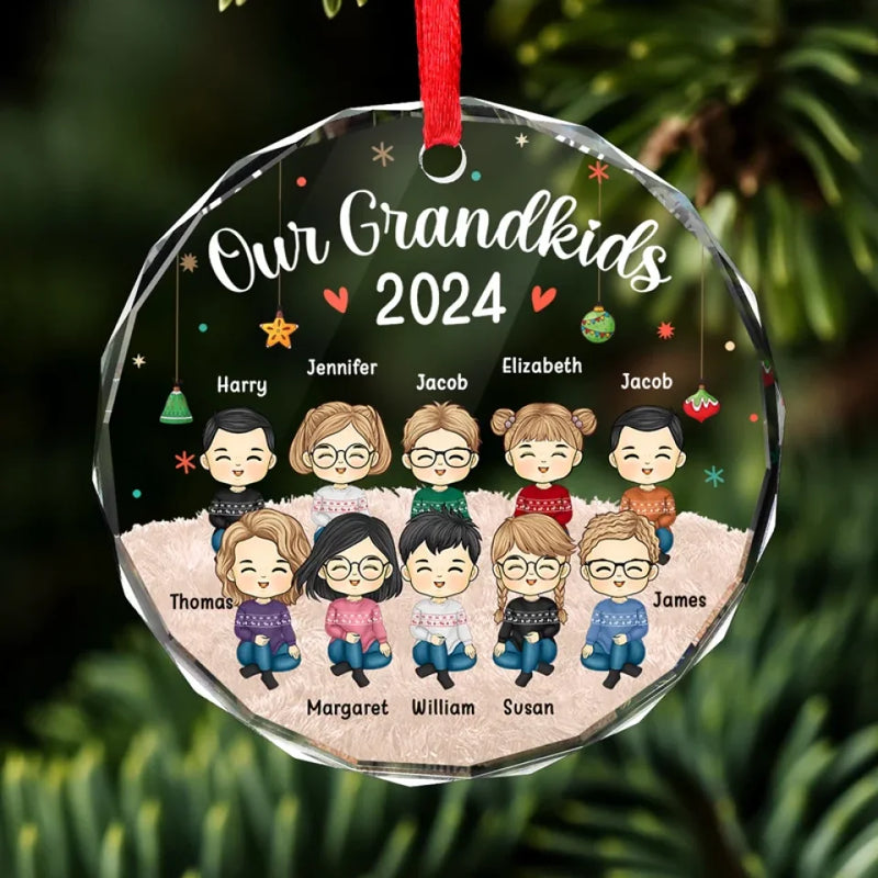 Grandchildren's Love, Infinite Contentment - Family Personalized Custom Circle Glass Ornament - Christmas Gift For Family Members