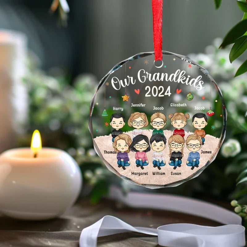 Grandchildren's Love, Infinite Contentment - Family Personalized Custom Circle Glass Ornament - Christmas Gift For Family Members