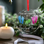 Christmas Shines Bright With Love, Joy And The Warmth Of Family - Family Personalized Custom Circle Glass Ornament - Christmas Gift For New Moms, New Dads, Baby