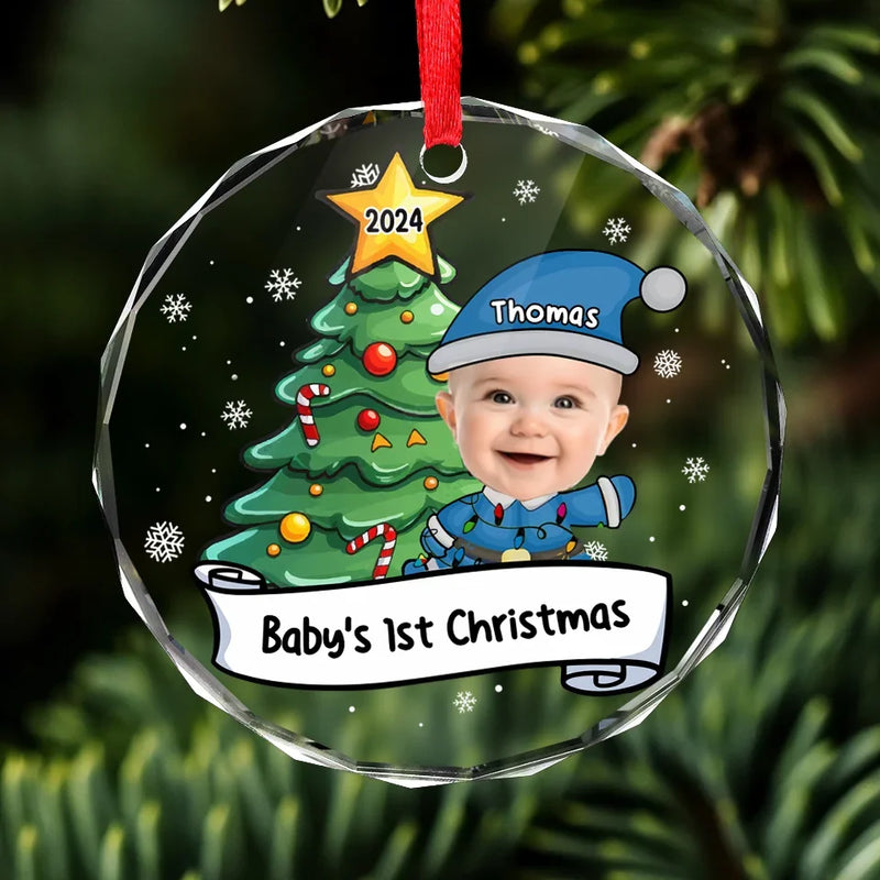 Custom Photo Let's Rock Around The Christmas Tree - Family Personalized Custom Circle Glass Ornament - Christmas Gift For Baby Kids, Newborn Baby, First Christmas