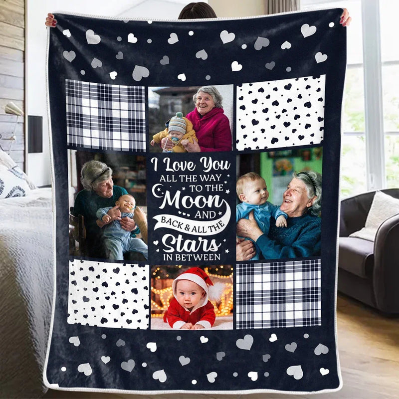 Custom Photo I Love You All The Way To The Moon And Back - Family Personalized Custom Blanket - Christmas Gift For Grandma, Grandkid