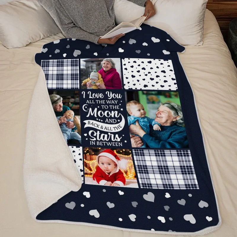 Custom Photo I Love You All The Way To The Moon And Back - Family Personalized Custom Blanket - Christmas Gift For Grandma, Grandkid