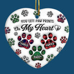 You Left Paw Prints On Our Hearts - Memorial Personalized Custom 3D Inflated Effect Printed Ornament - Ceramic Heart Shaped - Sympathy Gift, Christmas Gift For Pet Owners, Pet Lovers