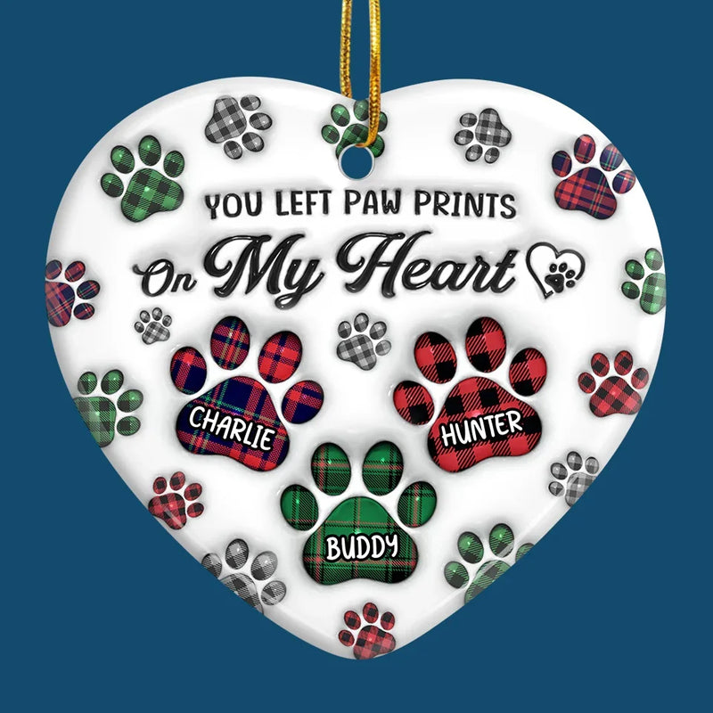 You Left Paw Prints On Our Hearts - Memorial Personalized Custom 3D Inflated Effect Printed Ornament - Ceramic Heart Shaped - Sympathy Gift, Christmas Gift For Pet Owners, Pet Lovers