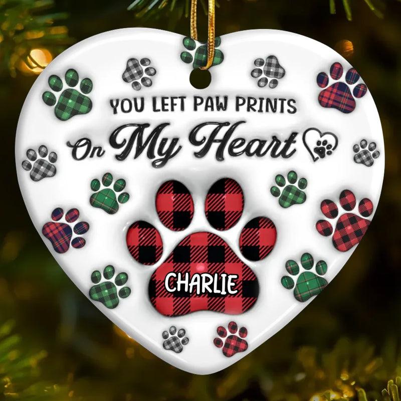 You Left Paw Prints On Our Hearts - Memorial Personalized Custom 3D Inflated Effect Printed Ornament - Ceramic Heart Shaped - Sympathy Gift, Christmas Gift For Pet Owners, Pet Lovers