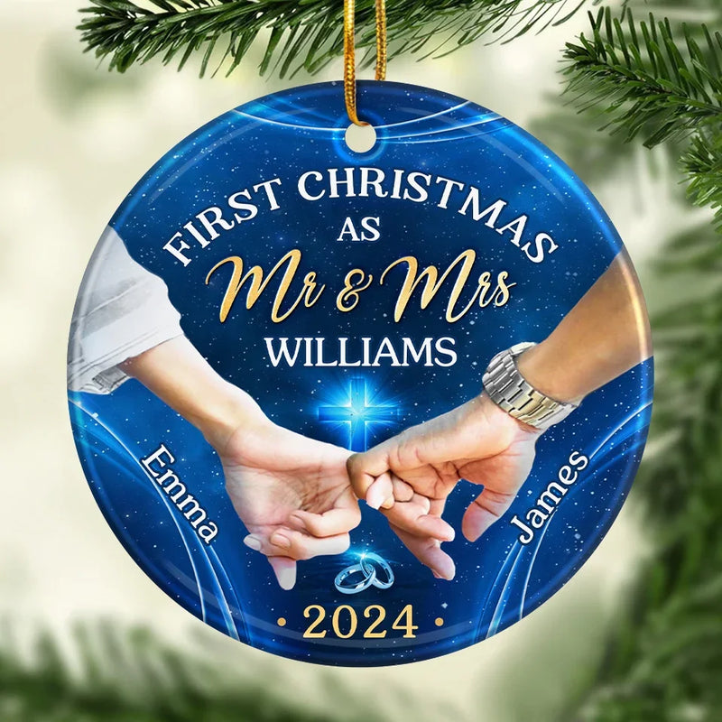 Our First Christmas As A Married Couple - Couple Personalized Custom Ornament - Ceramic Round Shaped - Christmas Gift For Husband Wife, Anniversary, First Christmas