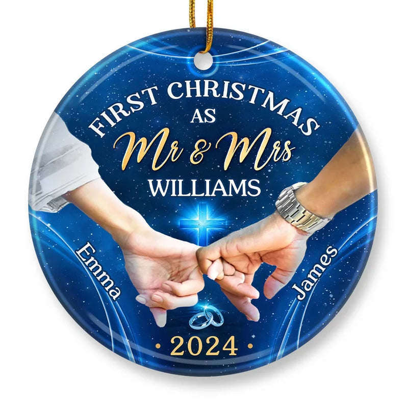 Our First Christmas As A Married Couple - Couple Personalized Custom Ornament - Ceramic Round Shaped - Christmas Gift For Husband Wife, Anniversary, First Christmas