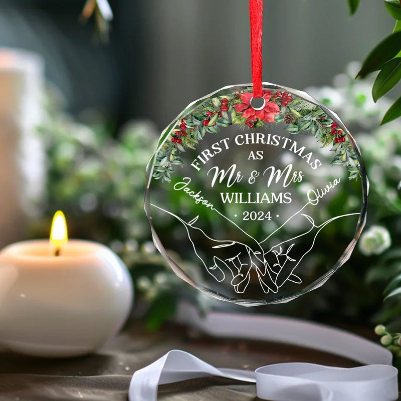 Starting New Traditions, Side By Side - Couple Personalized Custom Circle Glass Ornament - Christmas Gift For Husband Wife, Anniversary, First Christmas