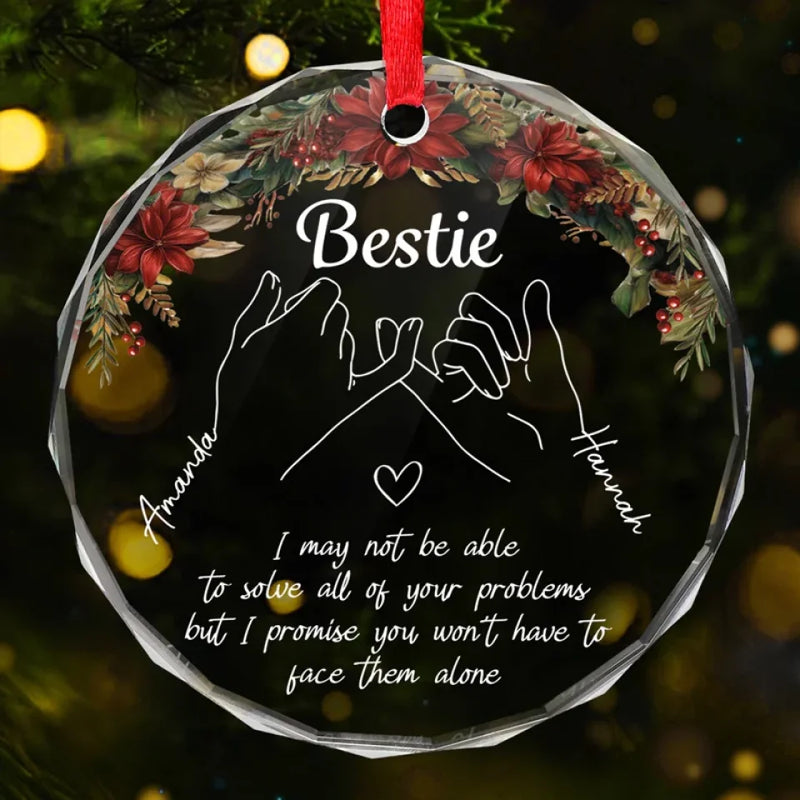 Hand In Hand, We Face The World Together - Bestie Personalized Custom Circle Glass Ornament - Christmas Gift For Best Friends, BFF, Sisters