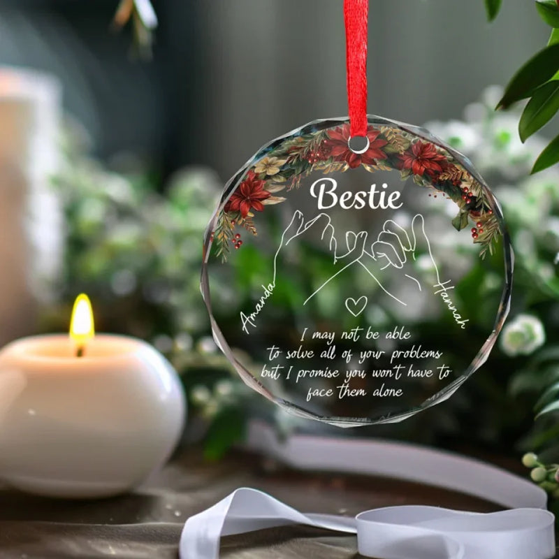 Hand In Hand, We Face The World Together - Bestie Personalized Custom Circle Glass Ornament - Christmas Gift For Best Friends, BFF, Sisters