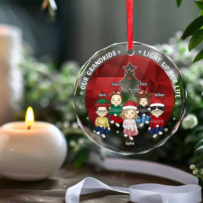 Our Grandkids Light Up Our Life - Family Personalized Custom Circle Glass Ornament - Christmas Gift For Grandma, Grandkids