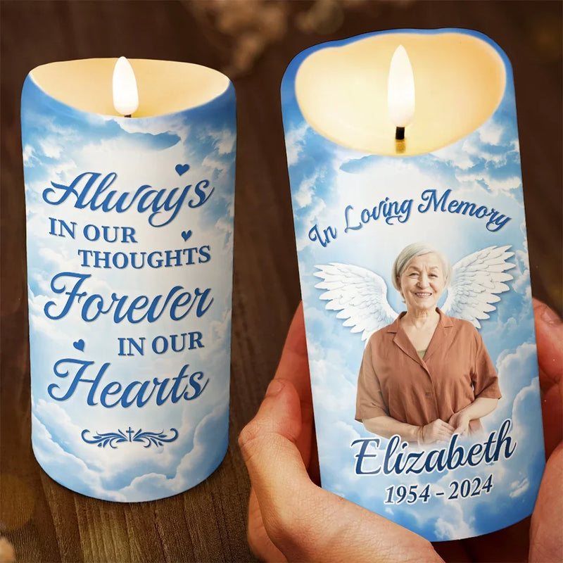 Custom Photo Always In Our Thoughts, Forever In Our Hearts - Memorial Personalized Custom LED Candle - Sympathy Gift, Christmas Gift For Family Members