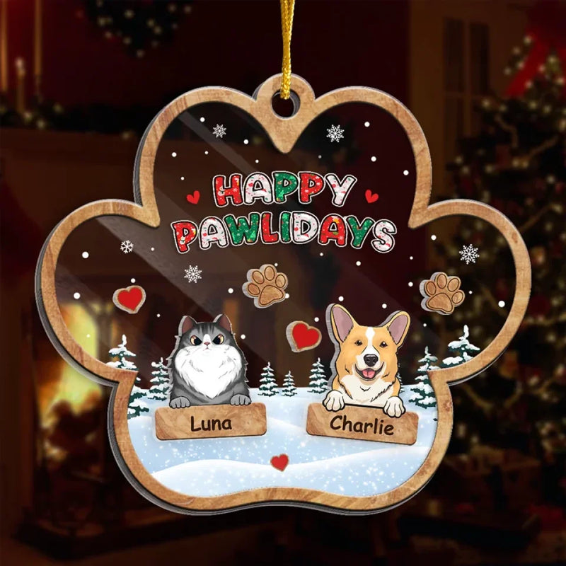 Happy Pawlidays - Dog & Cat Personalized Custom 3 Layers Shaker Ornament - Christmas Gift For Pet Owners, Pet Lovers