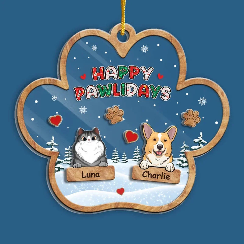 Happy Pawlidays - Dog & Cat Personalized Custom 3 Layers Shaker Ornament - Christmas Gift For Pet Owners, Pet Lovers