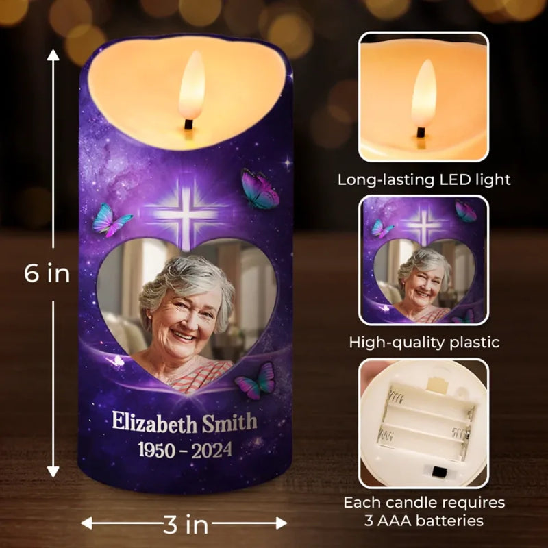 Custom Photo A Candle Flickers, But In Your Heart, I Still Burn Bright - Memorial Personalized Custom LED Candle - Sympathy Gift, Christmas Gift For Family Members