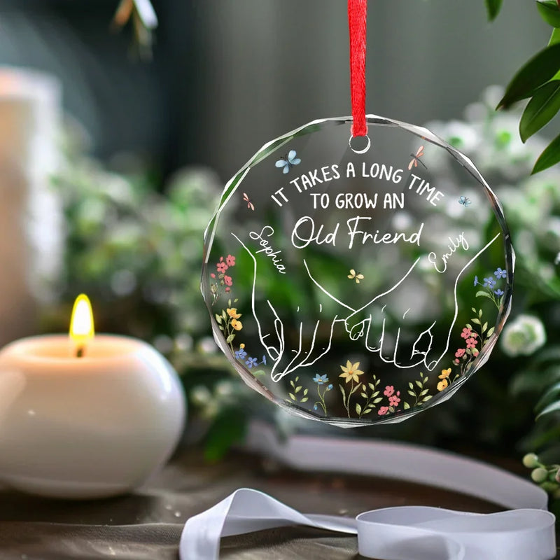 Holding Hands, Holding Hearts - Bestie Personalized Custom Circle Glass Ornament - Christmas Gift For Best Friends, BFF, Sisters