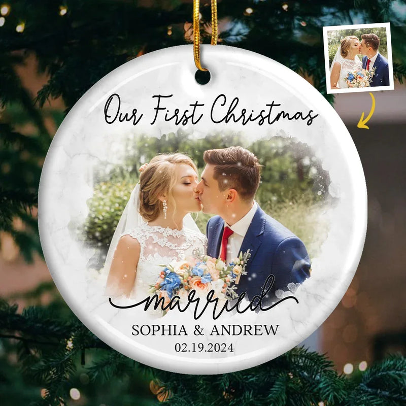 Custom Photo Our First Year Married - Couple Personalized Custom Ornament - Ceramic Round Shaped - Christmas Gift For Husband Wife, Anniversary, First Christmas