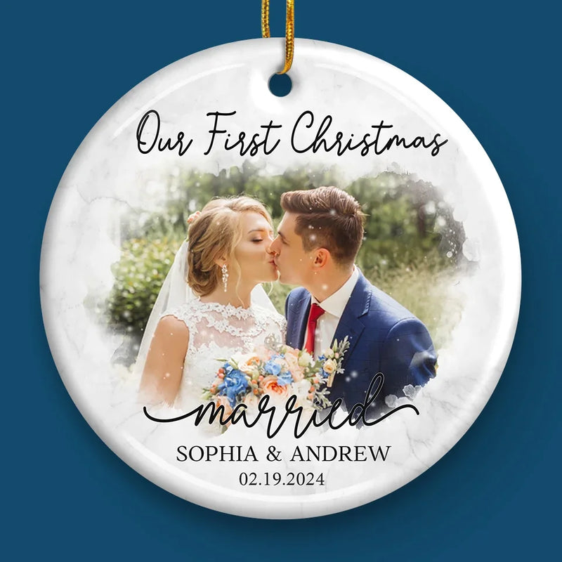 Custom Photo Our First Year Married - Couple Personalized Custom Ornament - Ceramic Round Shaped - Christmas Gift For Husband Wife, Anniversary, First Christmas