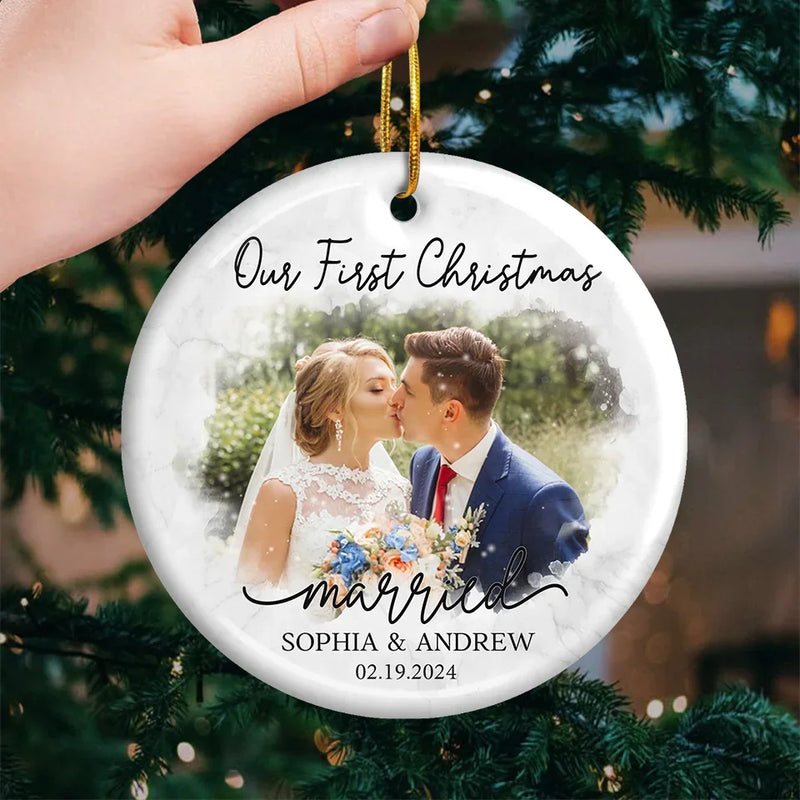 Custom Photo Our First Year Married - Couple Personalized Custom Ornament - Ceramic Round Shaped - Christmas Gift For Husband Wife, Anniversary, First Christmas