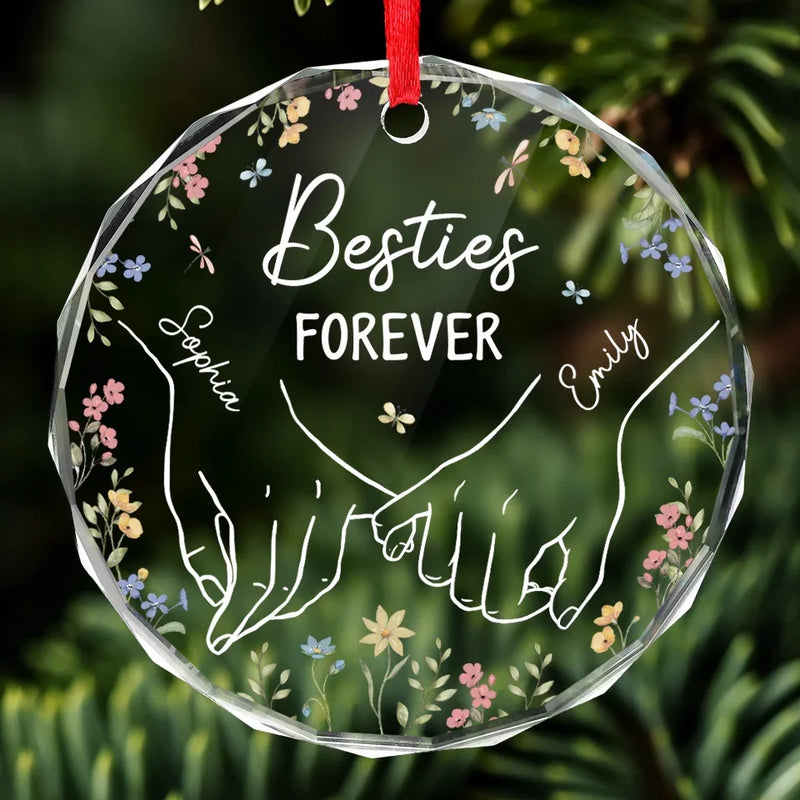 Hand In Hand And Heart To Heart - Bestie Personalized Custom Circle Glass Ornament - Christmas Gift For Best Friends, BFF, Sisters