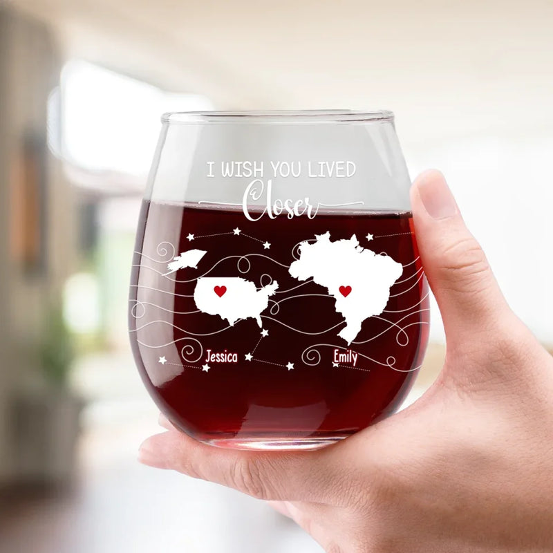 Never Too Far To Enjoy The Party Together - Bestie Personalized Custom Wine Glass - Gift For Best Friends, BFF, Sisters