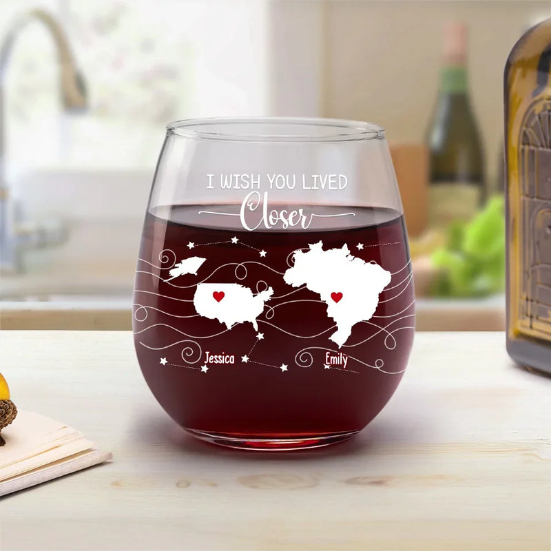 Never Too Far To Enjoy The Party Together - Bestie Personalized Custom Wine Glass - Gift For Best Friends, BFF, Sisters
