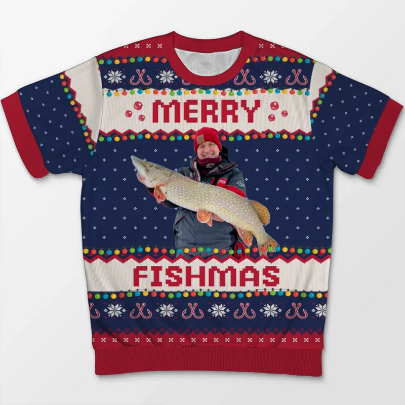 Custom Photo Merry Fishmas - Fishing Personalized Custom All Over Print Adult Short Sleeve Sweater - Christmas Gift For Fishing Lovers, Fisherman