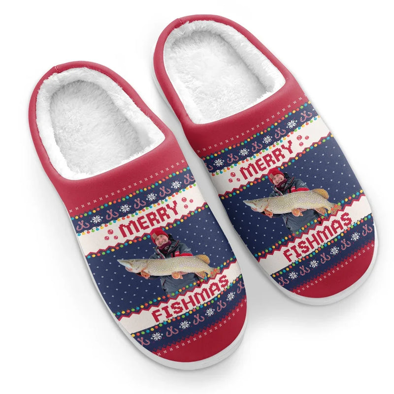 Custom Photo Merry Fishmas - Fishing Personalized Custom Fluffy Slippers - Christmas Gift For Fishing Lovers, Fisherman