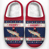 Custom Photo Merry Fishmas - Fishing Personalized Custom Fluffy Slippers - Christmas Gift For Fishing Lovers, Fisherman