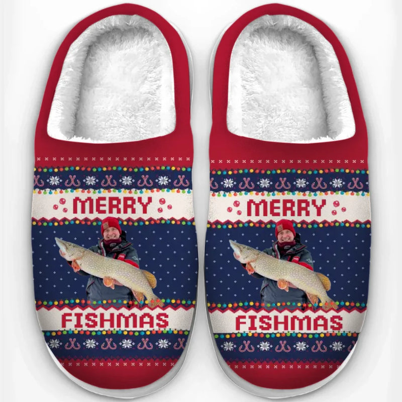 Custom Photo Merry Fishmas - Fishing Personalized Custom Fluffy Slippers - Christmas Gift For Fishing Lovers, Fisherman