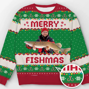 Sweat-shirt personnalisé avec photo de pêcheur - Pull en laine unisexe - Cadeau de Noël pour les amateurs de pêche