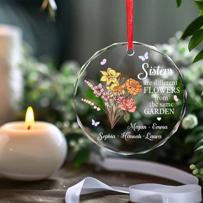 Besties Are Different Flowers From The Same Garden - Bestie Personalized Custom Circle Glass Ornament - Christmas Gift For Best Friends, BFF, Sisters