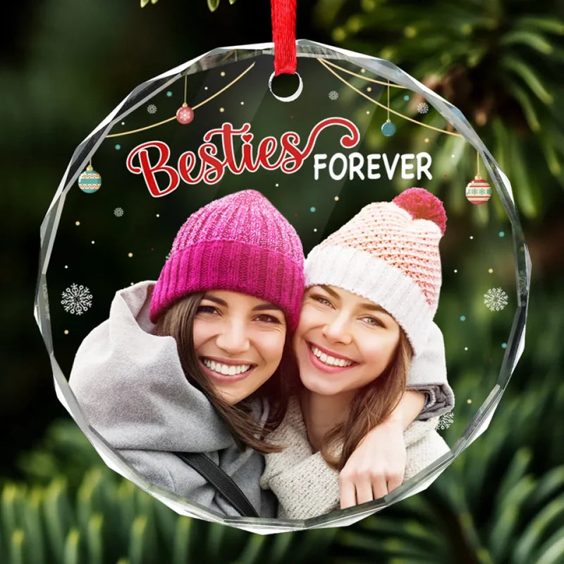 Custom Photo Besties Forever - Bestie Personalized Custom Circle Glass Ornament - Christmas Gift For Best Friends, BFF, Sisters, Coworker