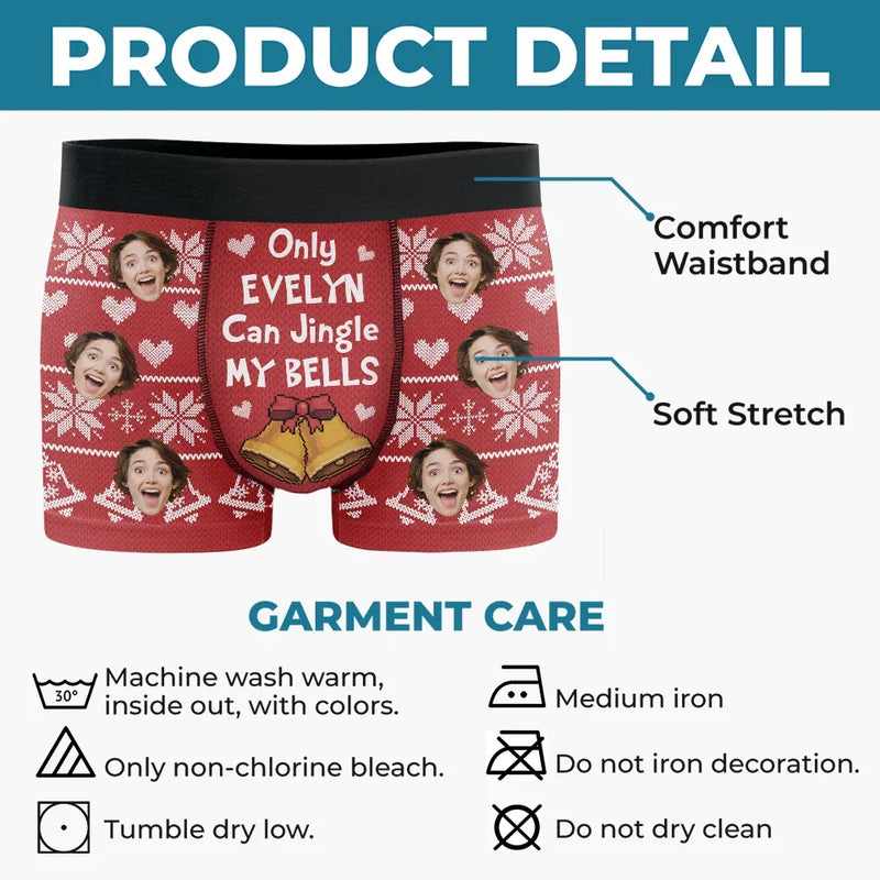 Custom Photo Only Me Can Jingle Your Bells - Funny Personalized Custom Boxer Briefs, Men's Boxers - Christmas Gift For Boyfriend, Husband, Anniversary