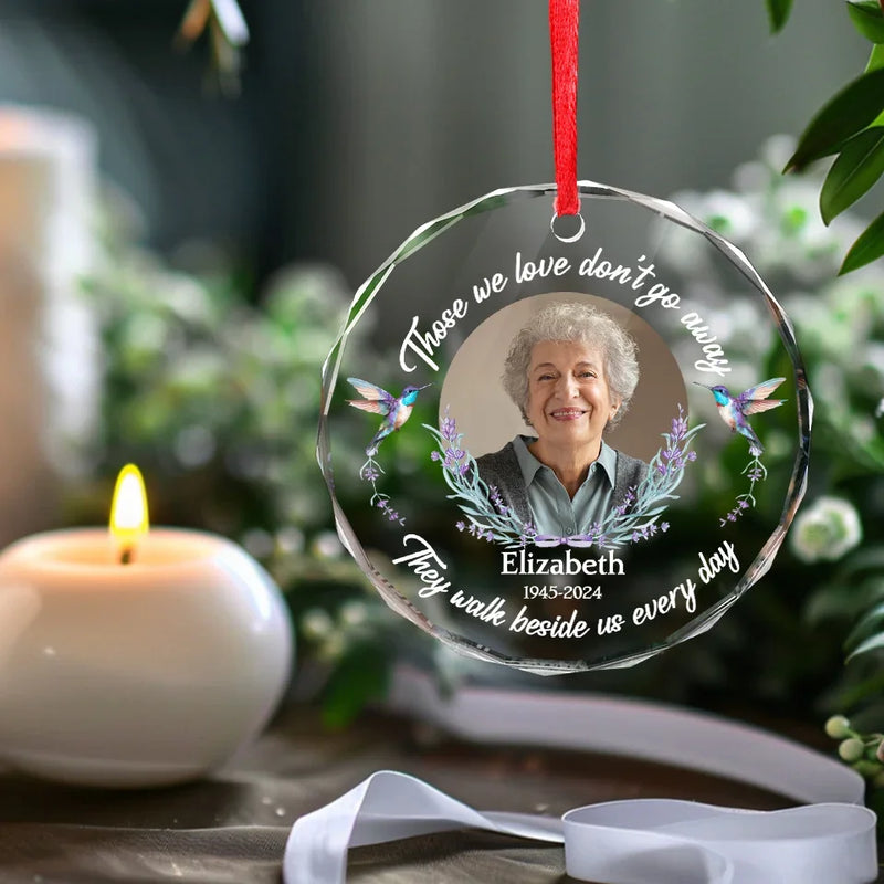 Custom Photo Love Never Leaves Us Even When They're Gone - Memorial Personalized Custom Circle Glass Ornament - Sympathy Gift, Christmas Gift For Family Members