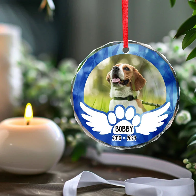 Custom Photo Pets Leave Pawprints On Our Hearts - Memorial Personalized Custom Circle Glass Ornament - Sympathy Gift, Christmas Gift For Pet Owners, Pet Lovers