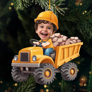 Photo personnalisée du petit conducteur de camion de chantier professionnel - Décoration familiale personnalisée - Forme personnalisée en acrylique - Cadeau de Noël pour enfants
