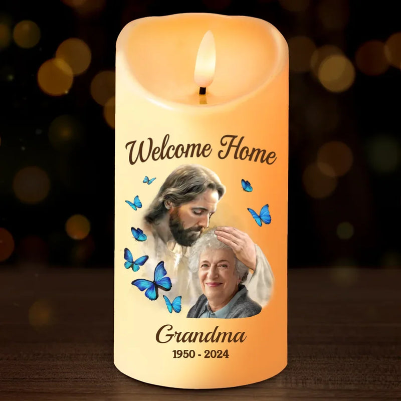 Custom Photo Home With God, But Your Love Will Never Fade - Memorial Personalized Custom LED Candle - Sympathy Gift, Christmas Gift For Family Members