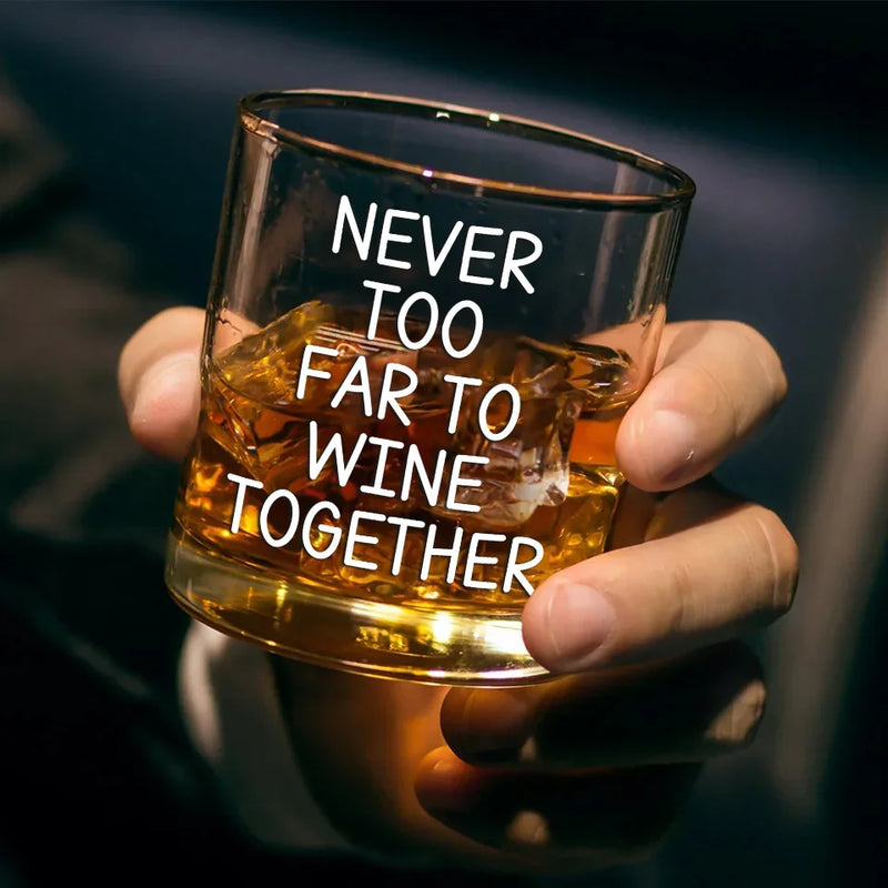 Never Too Far To Wine Together - Bestie  Personalized Custom Whiskey Glass - Gift For Best Friends, BFF, Sisters