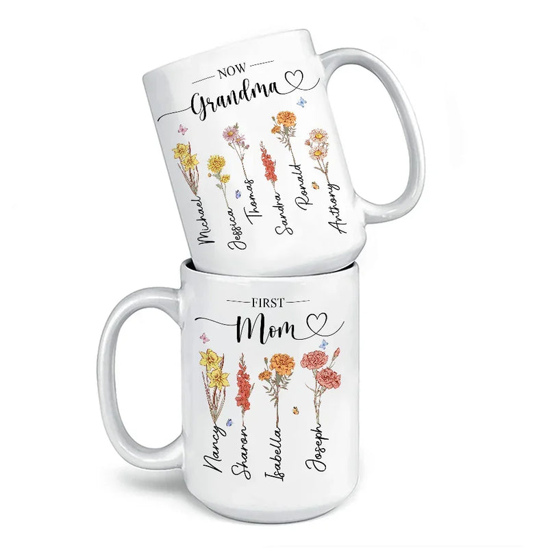 First Mom, Now Grandma - Family Personalized Custom Mug - Christmas Gift For Mom, Grandma