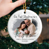 Custom Photo Our First Christmas As A Family Of Three - Couple Personalized Custom Ornament - Ceramic Round Shaped - Christmas Gift For Husband Wife, Anniversary, First Christmas